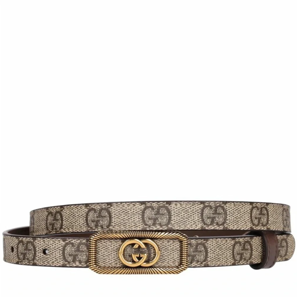 Gucci Monogram Tan and Brown Belt with Gold Emblem. Nwt